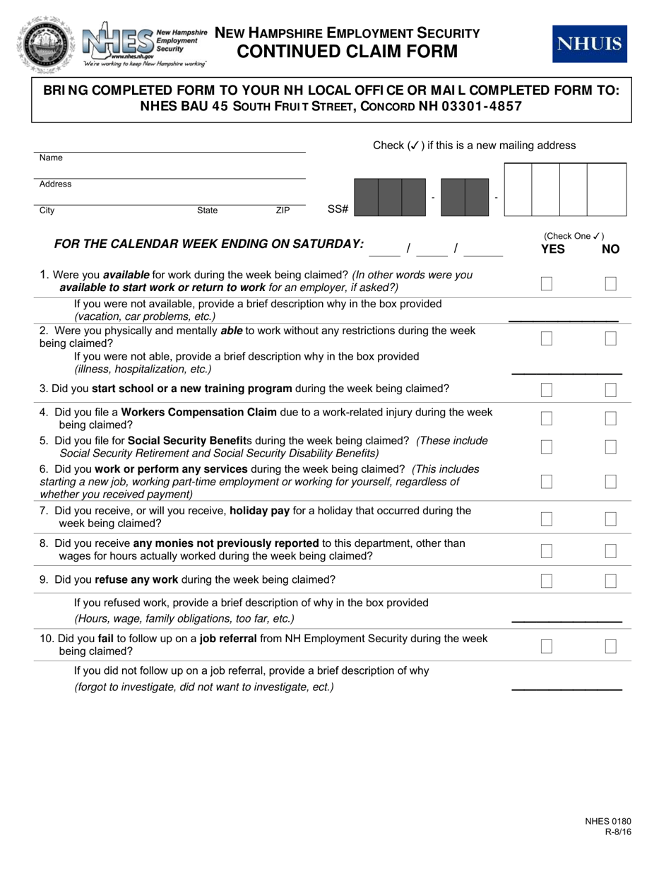 Form NHES0180 Continued Claim Form - New Hampshire, Page 1