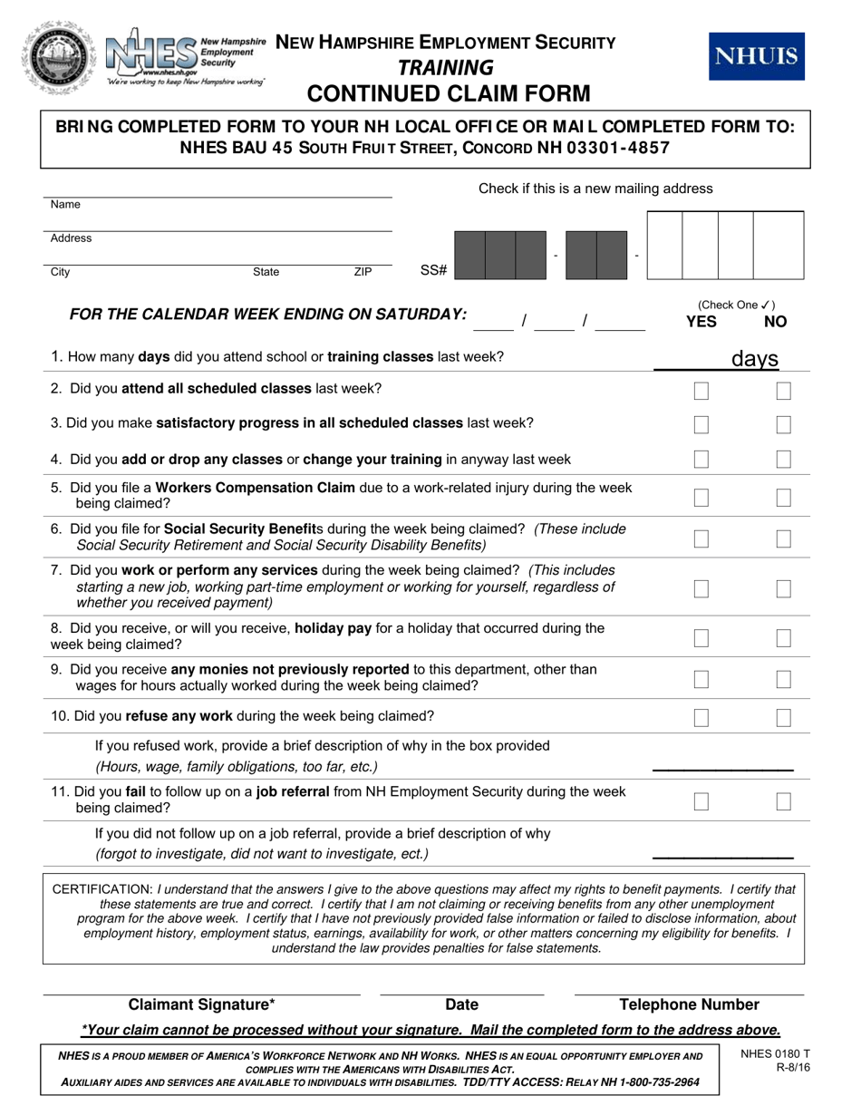 Form NHES0180 T Training Continued Claim Form - New Hampshire, Page 1