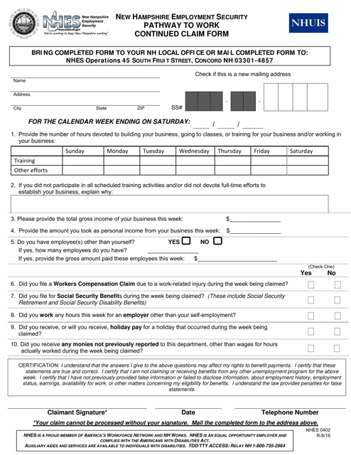 Form NHES0402 Pathway to Work Continued Claim Form - New Hampshire