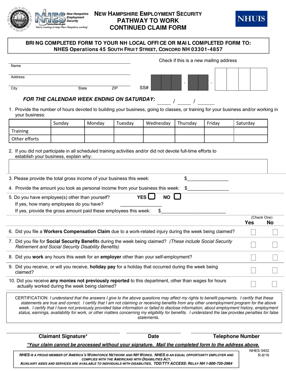 Form NHES0402 Pathway to Work Continued Claim Form - New Hampshire, Page 1