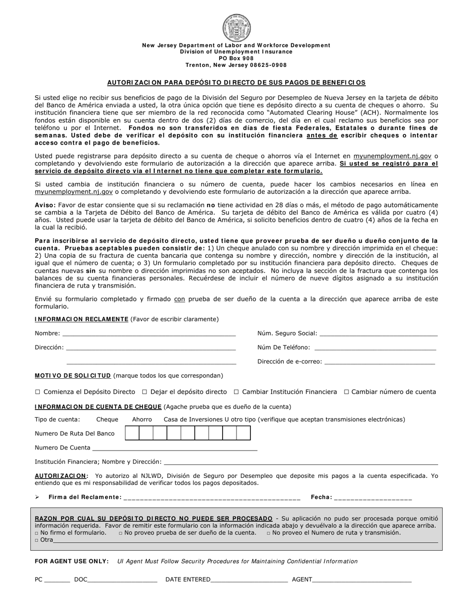 Form BC-502 Authorization for Direct Deposit of Benefit Payment - New Jersey (English / Spanish), Page 2