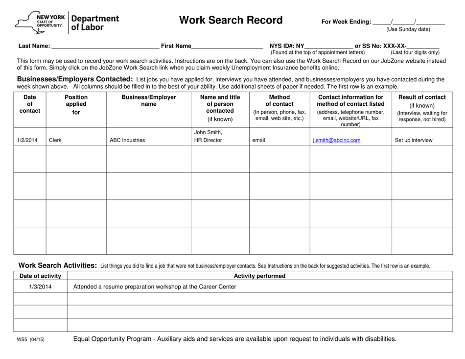 Form WS5 Work Search Record - New York, Page 1
