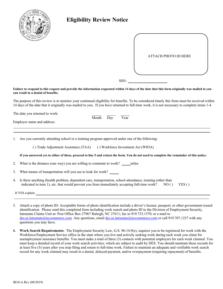 Form IB10-A Eligibility Review Notice - North Carolina, Page 1