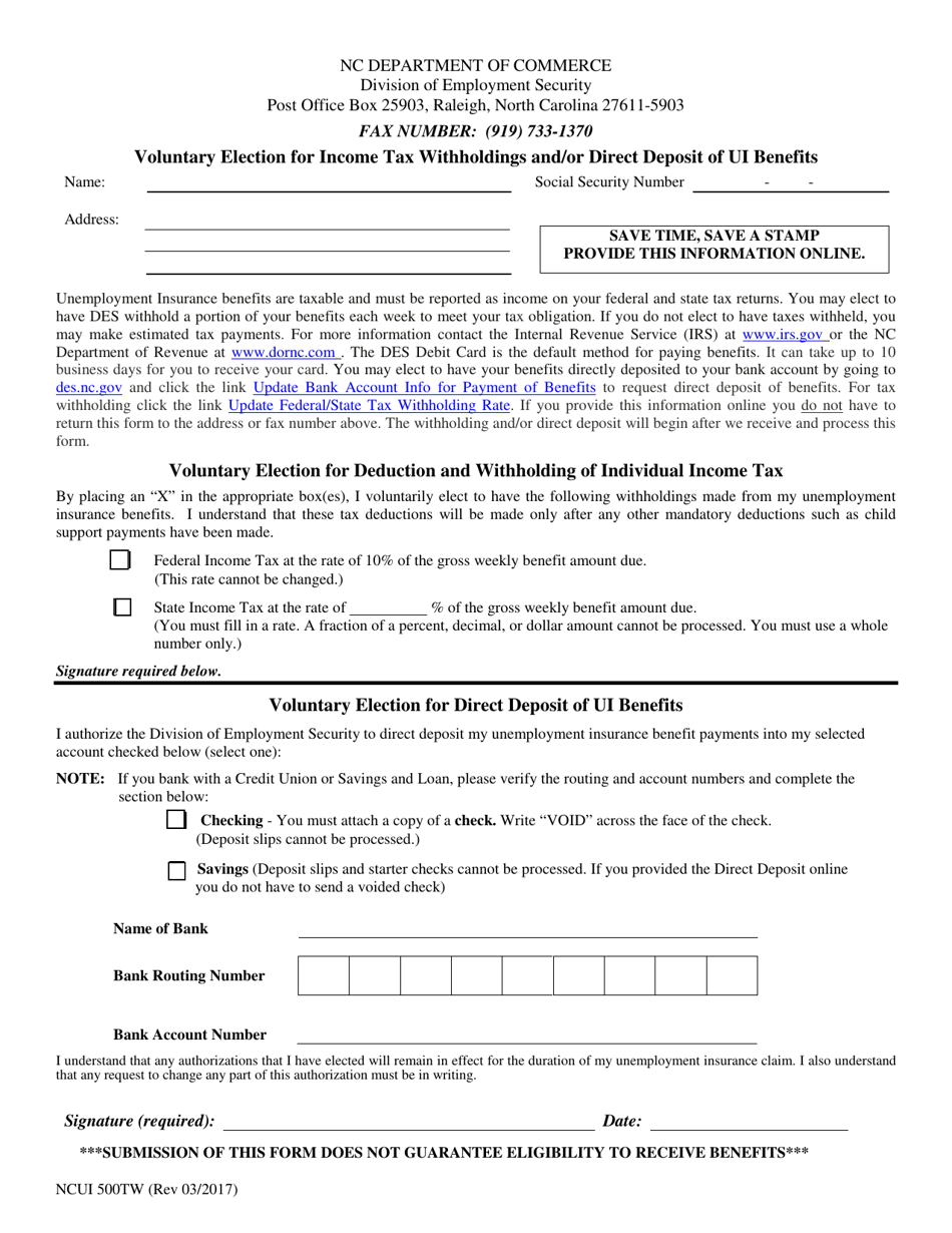 Form NCUI500TW Voluntary Election for Income Tax Withholdings and/or Direct Deposit of Ui Benefits - North Carolina, Page 1