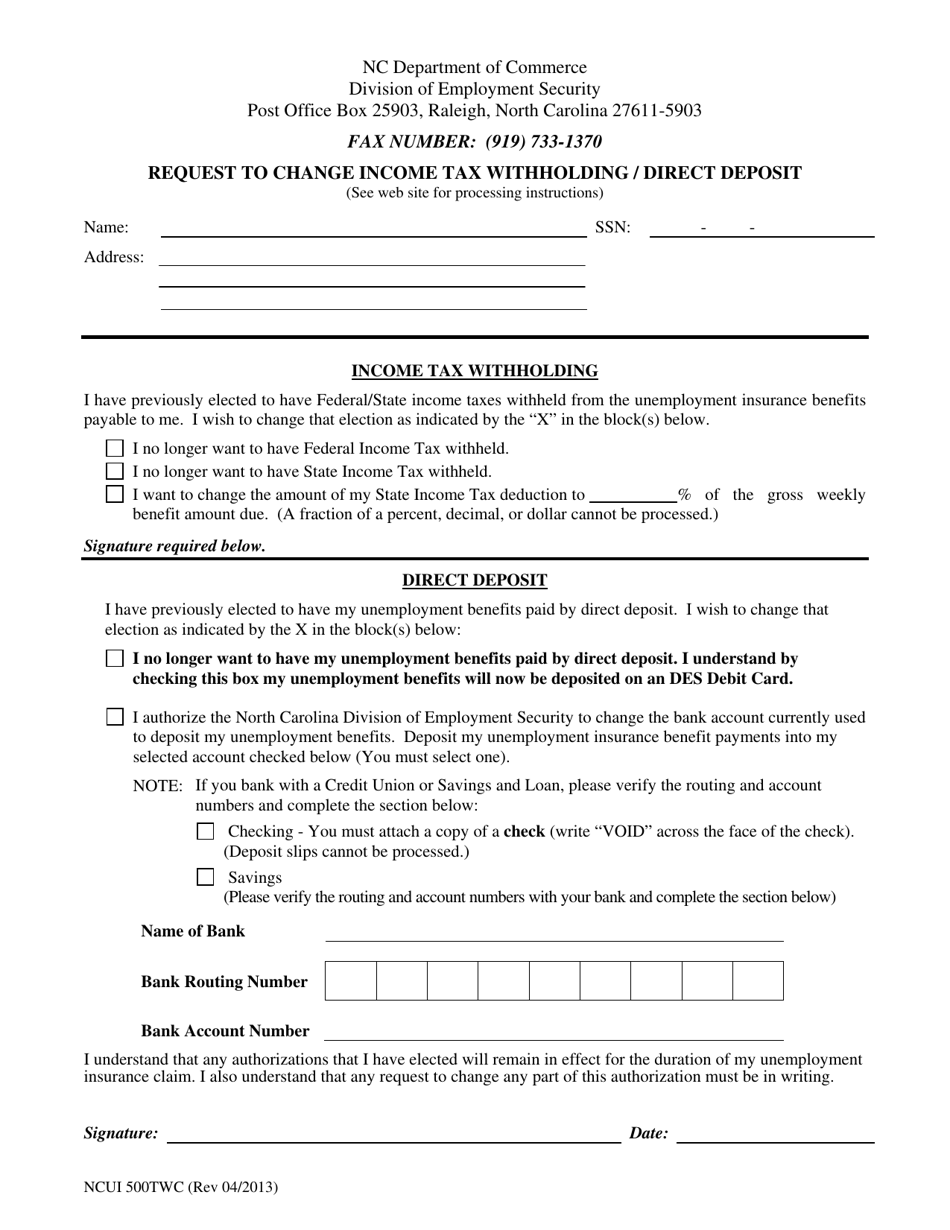 Form NCUI500TWC Request to Change Income Tax Withholding/Direct Deposit - North Carolina, Page 1