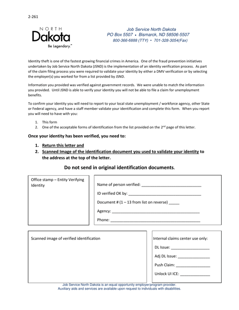 Form 2-261 Id Verification Form - North Dakota