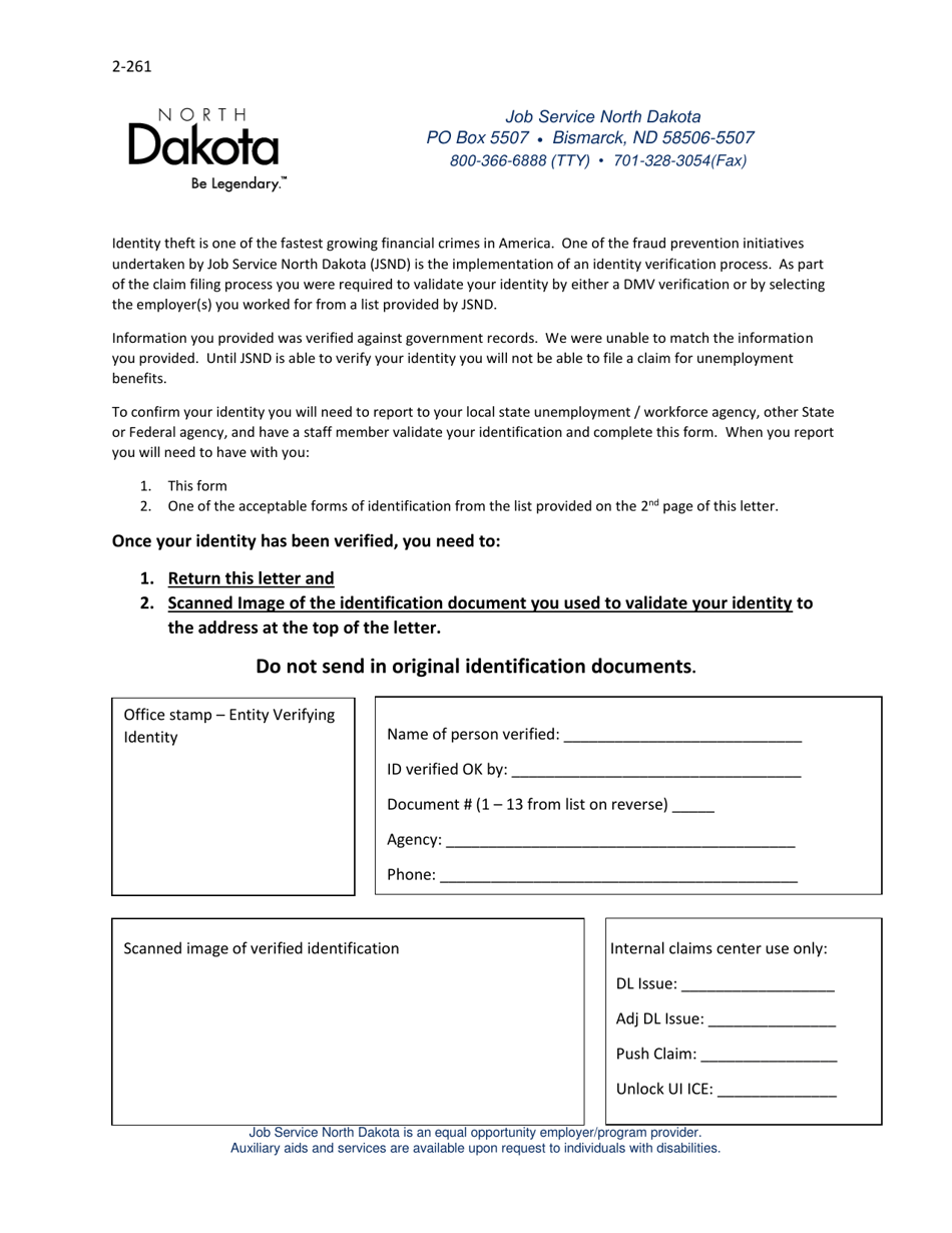 Form 2-261 Id Verification Form - North Dakota, Page 1