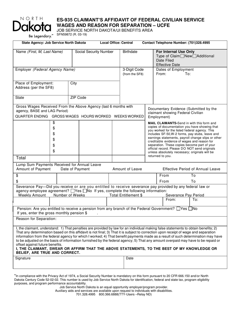 Form SFN59872 Claimant's Affidavit of Federal Civilian Service Wages and Reason for Separation ' Ucfe - North Dakota, Page 1