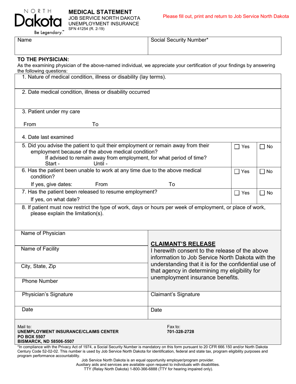 Form SFN41254 - Fill Out, Sign Online and Download Printable PDF, North ...