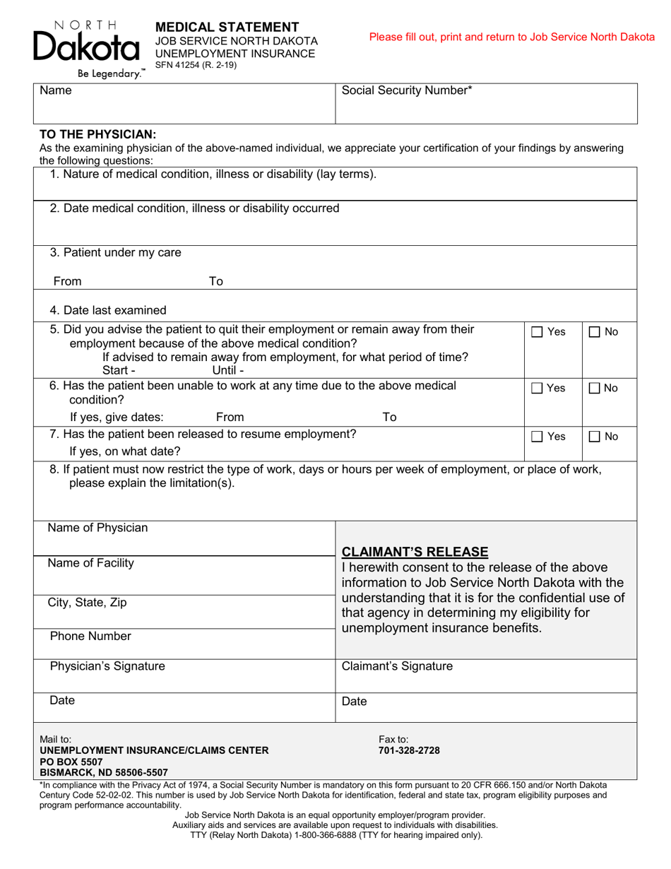 Form SFN41254 Medical Statement - North Dakota, Page 1