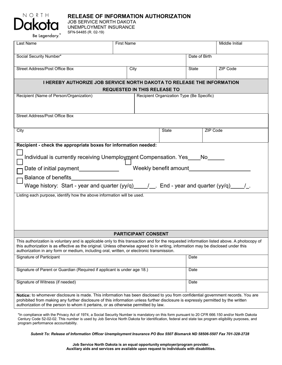 Form SFN54485 - Fill Out, Sign Online and Download Printable PDF, North ...