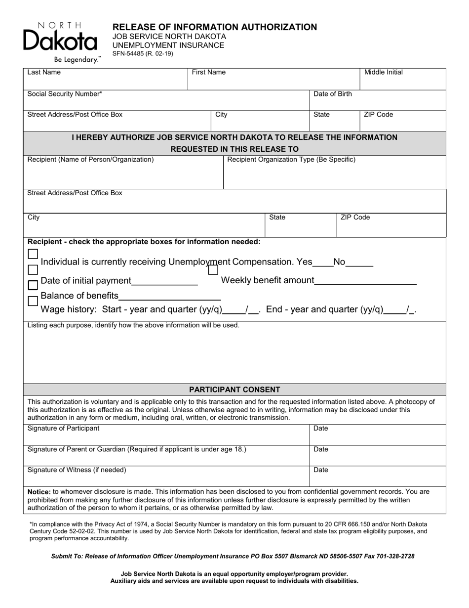 Form SFN54485 Release of Information Authorization - North Dakota, Page 1
