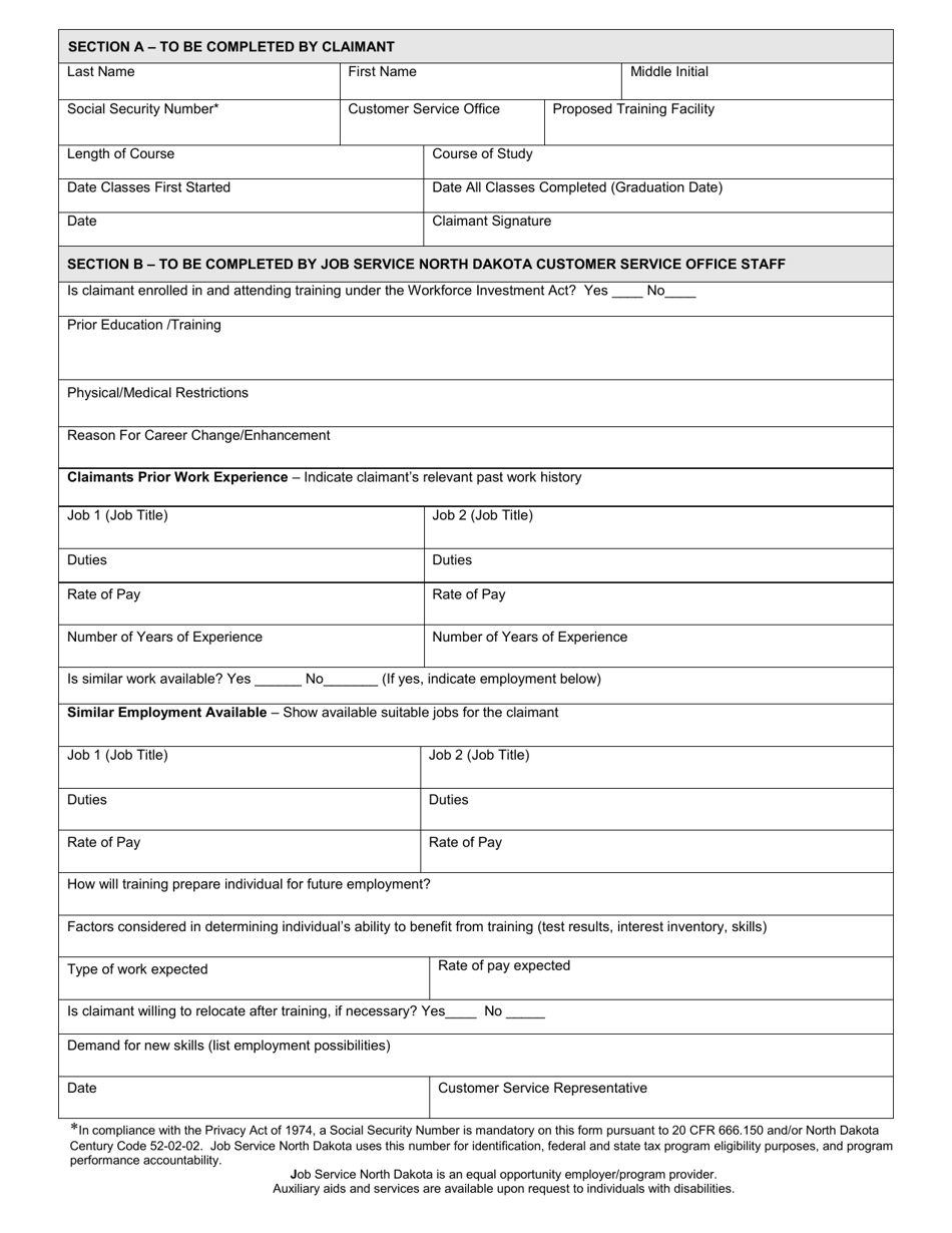 Form SFN41227 Request for Benefits While in Training - North Dakota, Page 2