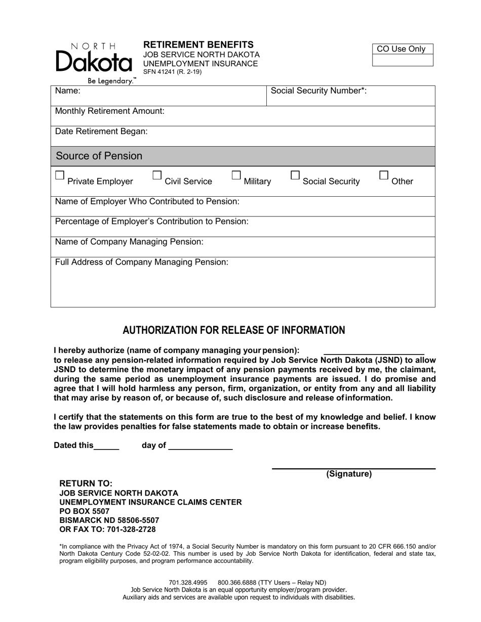 Form SFN41241 Retirement Benefits - North Dakota, Page 1