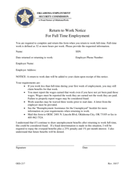 Form OES-217 &quot;Return to Work Notice for Full Time Employment&quot; - Oklahoma
