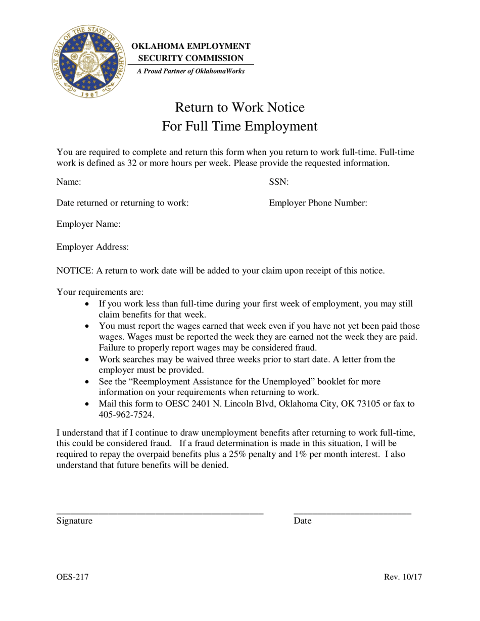 Form OES-217 Return to Work Notice for Full Time Employment - Oklahoma, Page 1