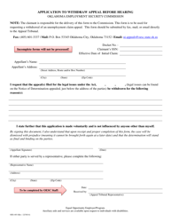 Form OES-403 &quot;Application to Withdraw Appeal Before Hearing&quot; - Oklahoma