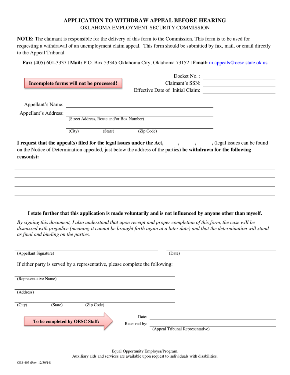 Form OES-403 Application to Withdraw Appeal Before Hearing - Oklahoma, Page 1