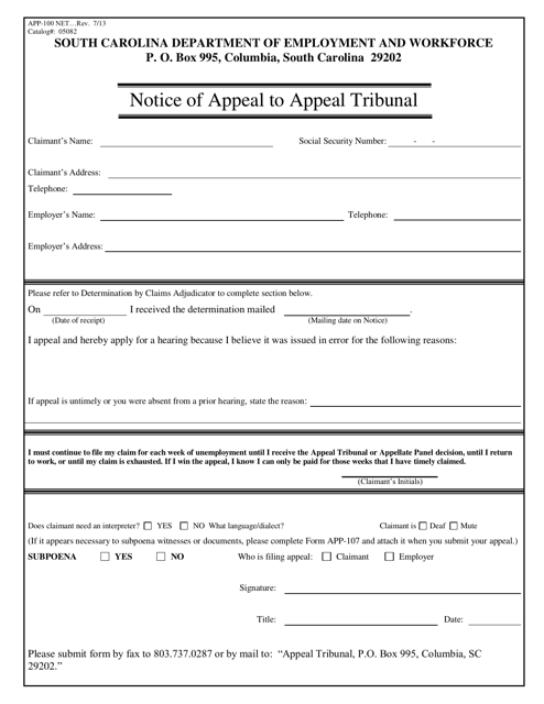 Form APP-100 Notice of Appeal to Appeal Tribunal - South Carolina