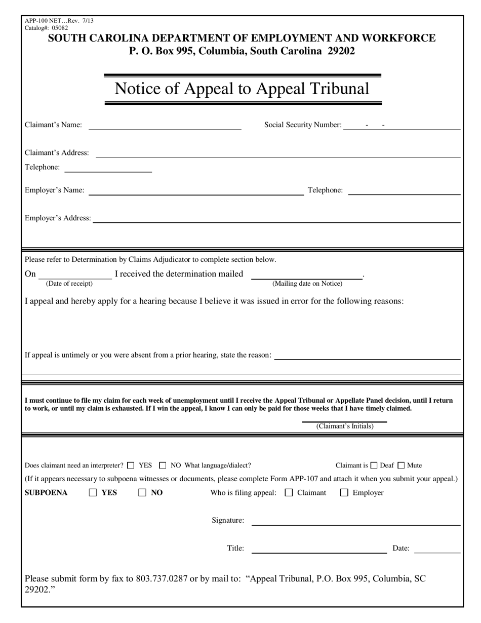 Form APP-100 Notice of Appeal to Appeal Tribunal - South Carolina, Page 1
