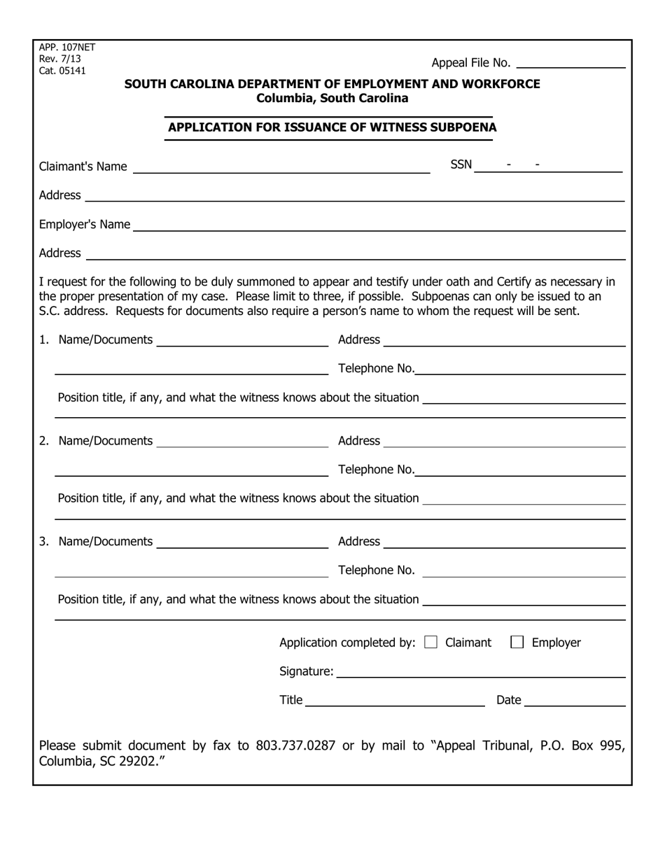 Form APP-107 Application for Issuance of Witness Subpoena - South Carolina, Page 1