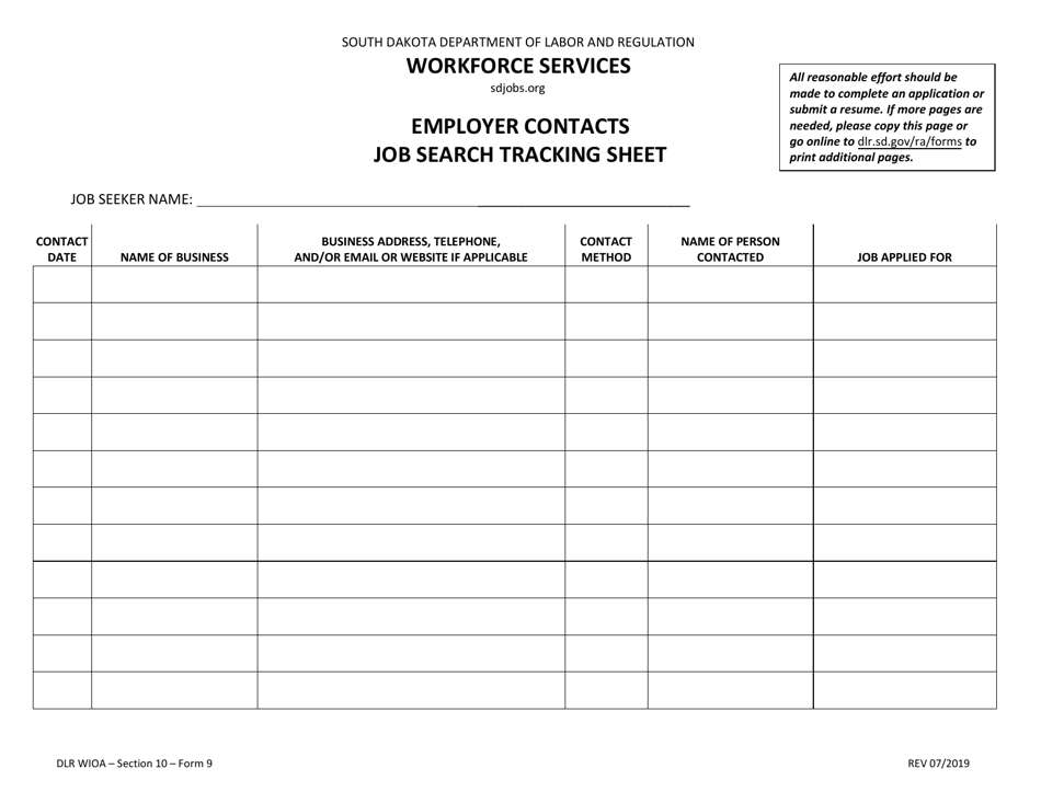 Form 9 Employer Contacts Job Search Tracking Sheet - South Dakota, Page 1