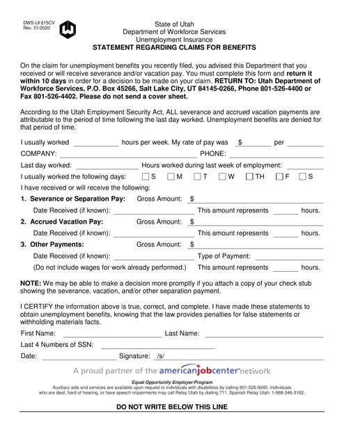DWS-UI Form 615CV Statement Regarding Claims for Benefits - Utah