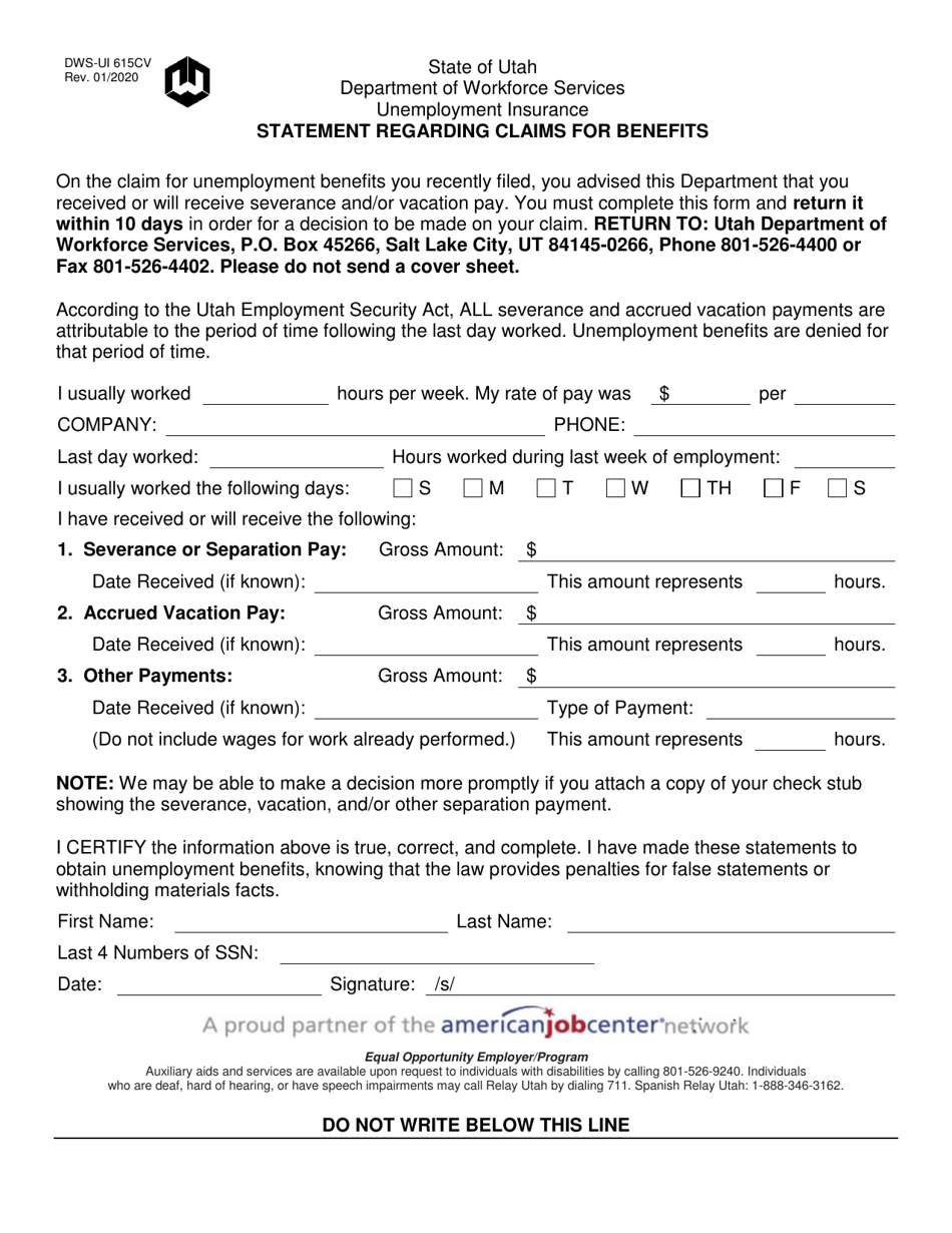 DWS-UI Form 615CV Statement Regarding Claims for Benefits - Utah, Page 1