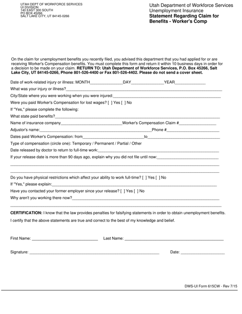DWS-UI Form 615CW Statement Regarding Claim for Benefits - Worker&#039;s Comp - Utah