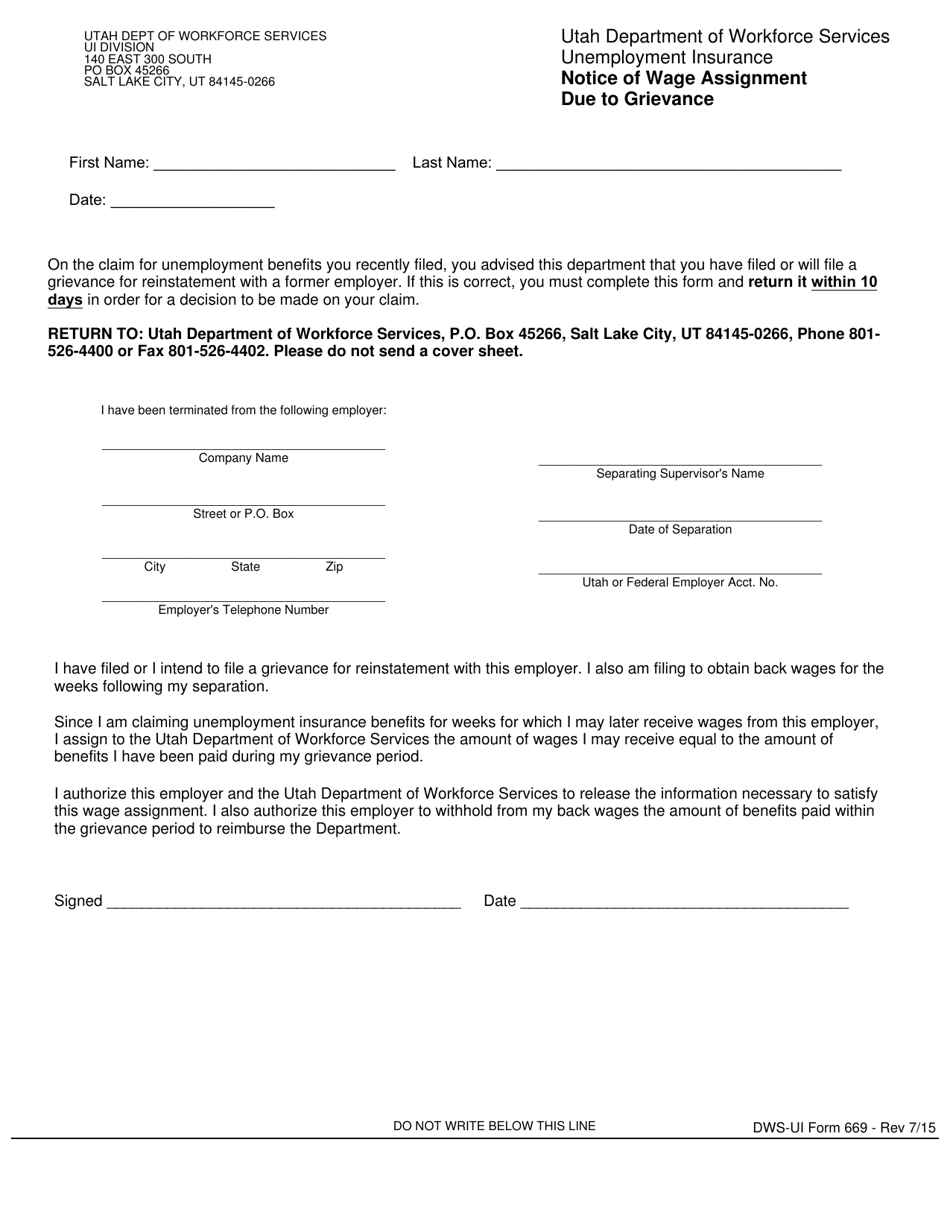 DWS-UI Form 669 Notice of Wage Assignment Due to Grievance - Utah, Page 1