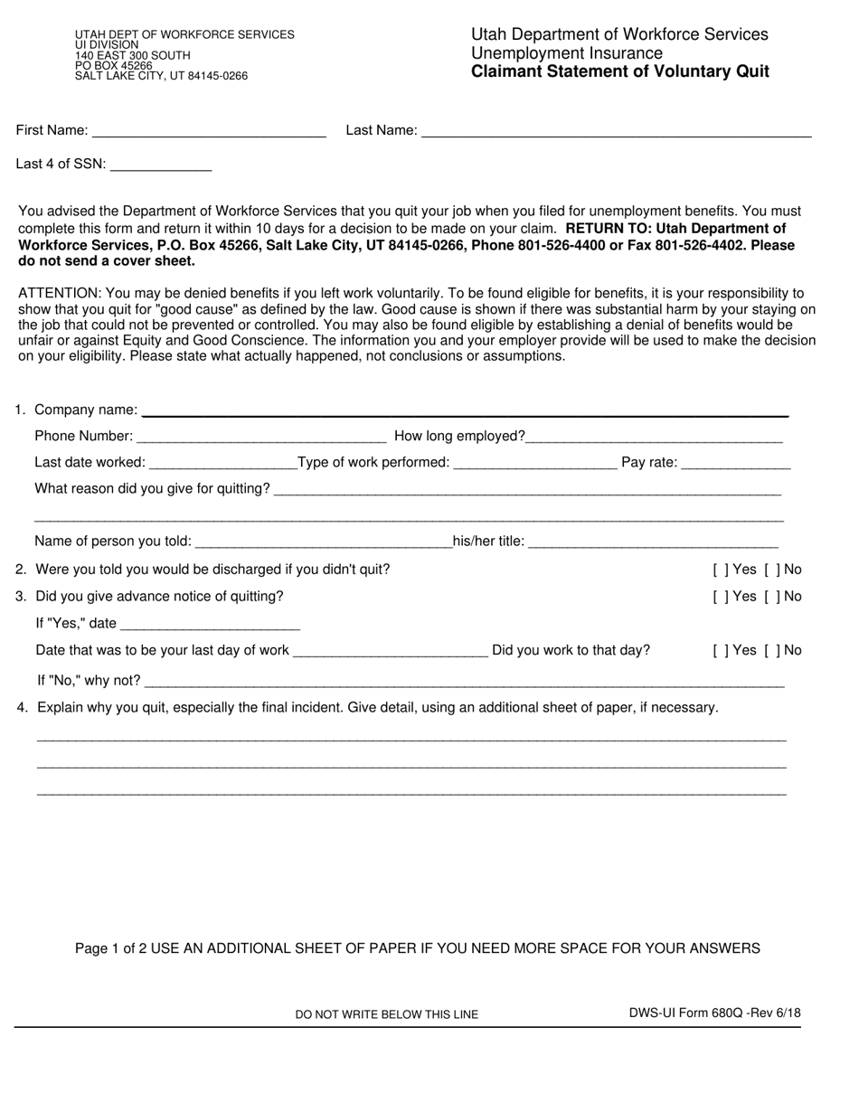 DWS-UI Form 680Q Claimant Statement of Voluntary Quit - Utah, Page 1