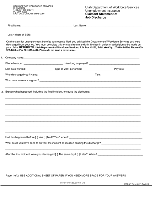 DWS-UI Form 680T Claimant Statement of Job Discharge - Utah