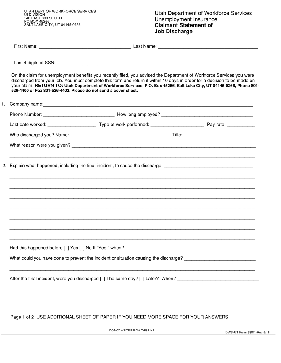 DWS-UI Form 680T Claimant Statement of Job Discharge - Utah, Page 1