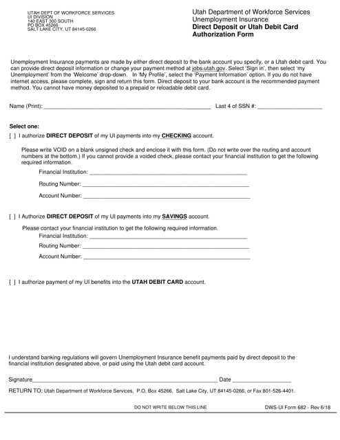DWS-UI Form 682 Direct Deposit or Utah Debit Card Authorization Form - Utah (English/Spanish)