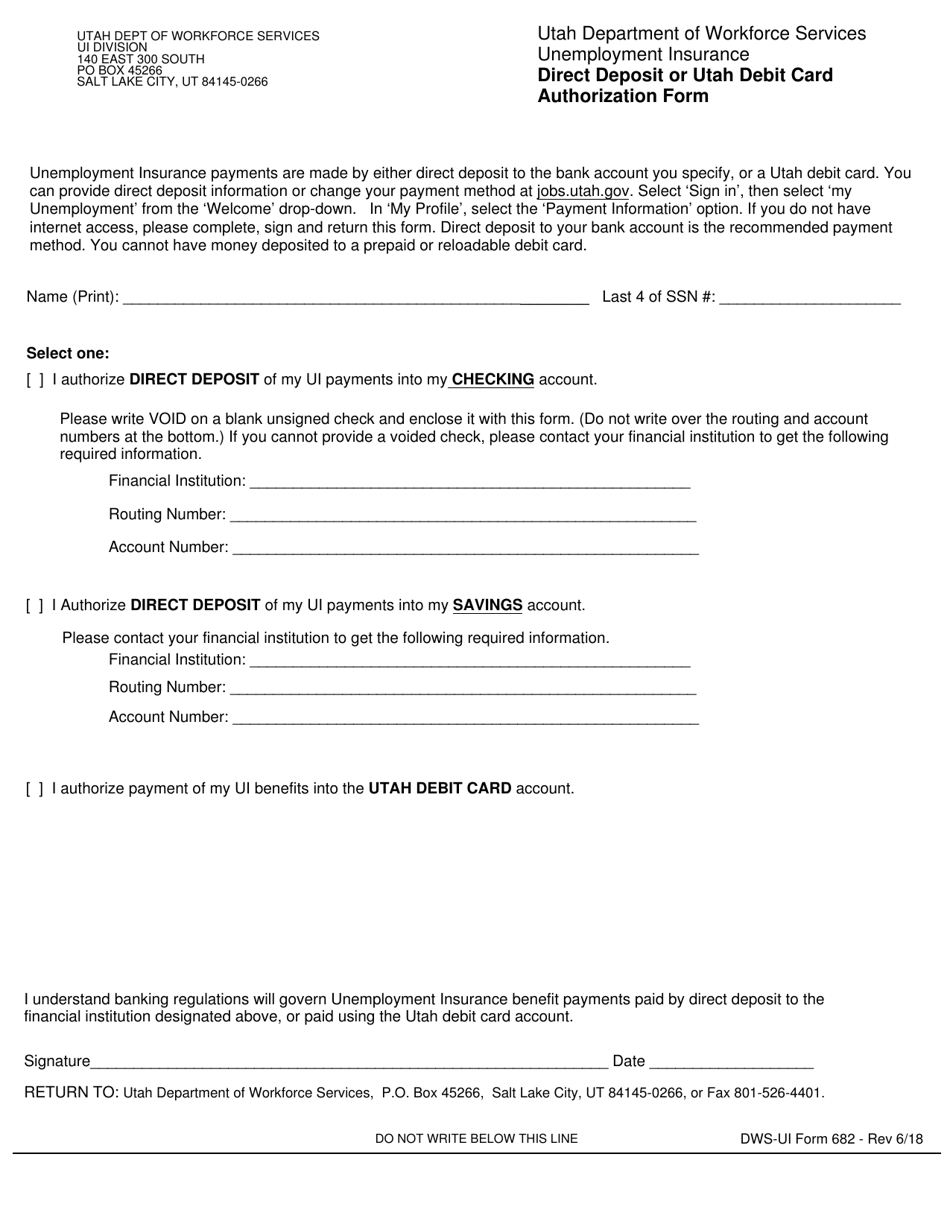 DWS-UI Form 682 Direct Deposit or Utah Debit Card Authorization Form - Utah (English / Spanish), Page 1