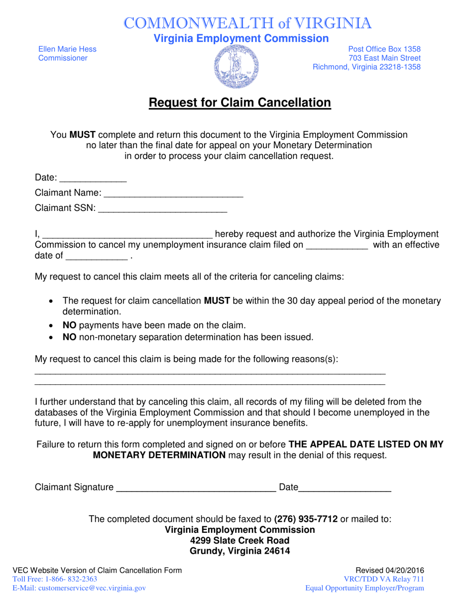 Request for Claim Cancellation - Virginia, Page 1