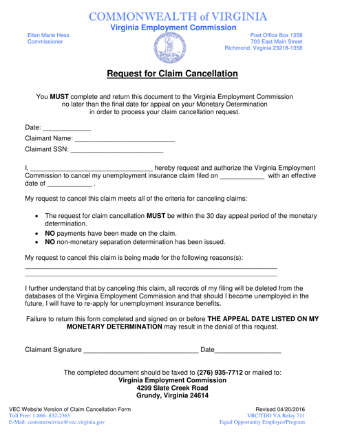 Request for Claim Cancellation - Virginia Download Pdf
