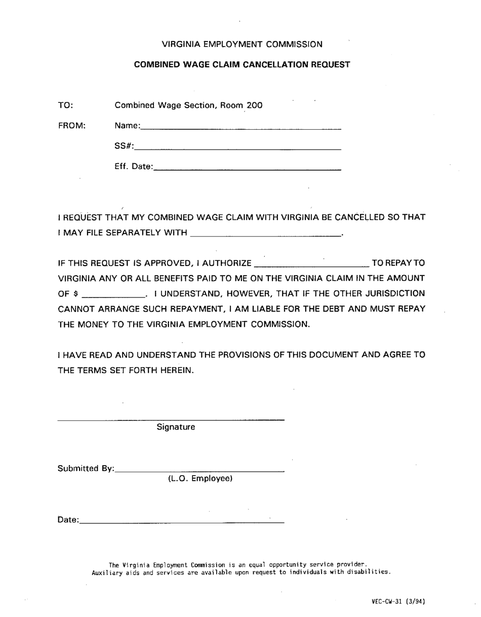 Form VEC-CW-31 Combined Wage Claim Cancellation Request - Virginia, Page 1