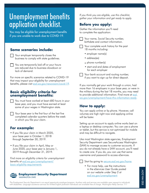 Covid-19 Unemployment Benefits Application Checklist - Washington