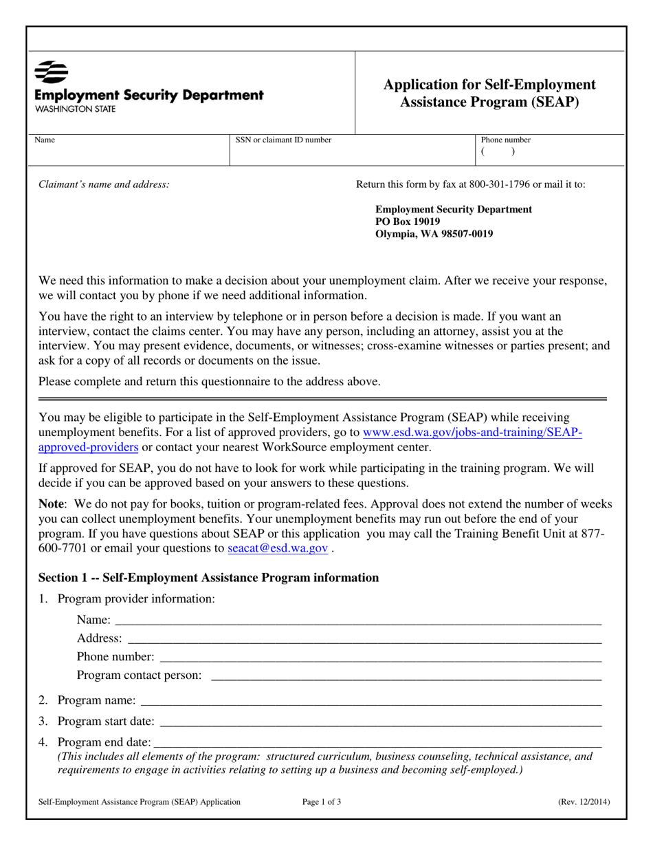 Application for Self-employment Assistance Program (Seap) - Washington, Page 1