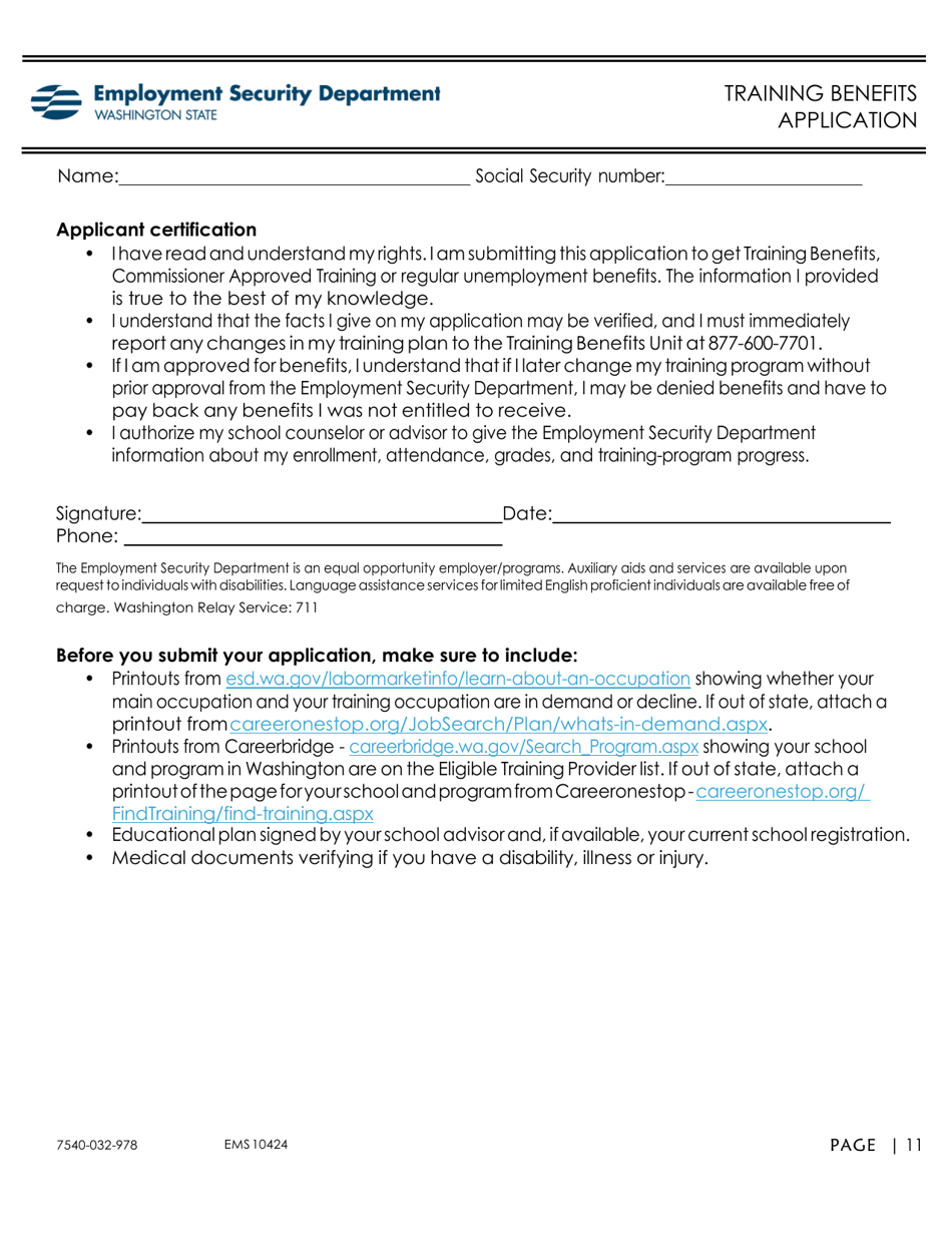 Form EMS10425 Training Benefits Application - Washington, Page 11