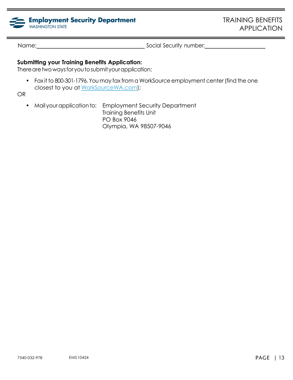 Form EMS10425 Training Benefits Application - Washington, Page 13