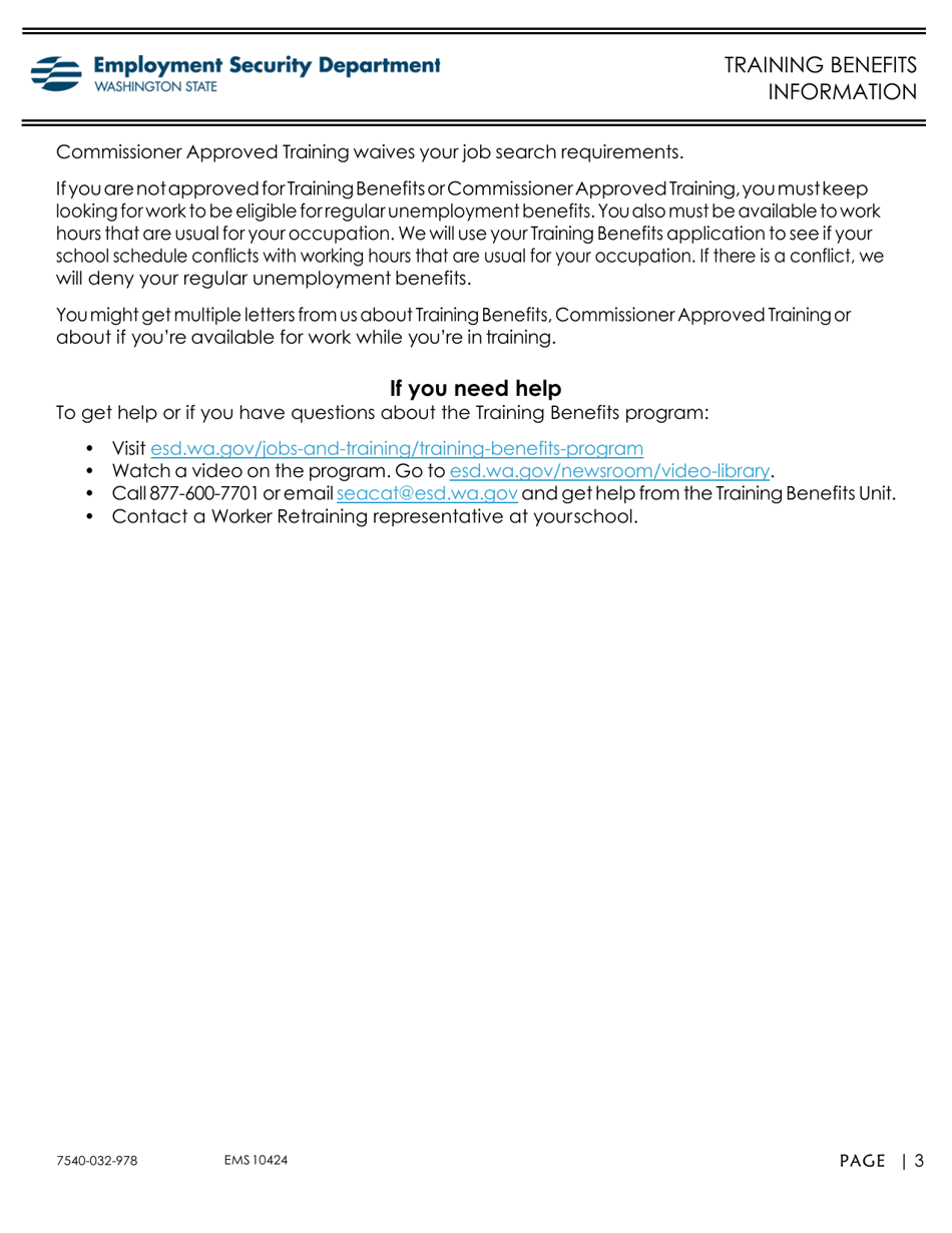 Form EMS10425 Training Benefits Application - Washington, Page 3