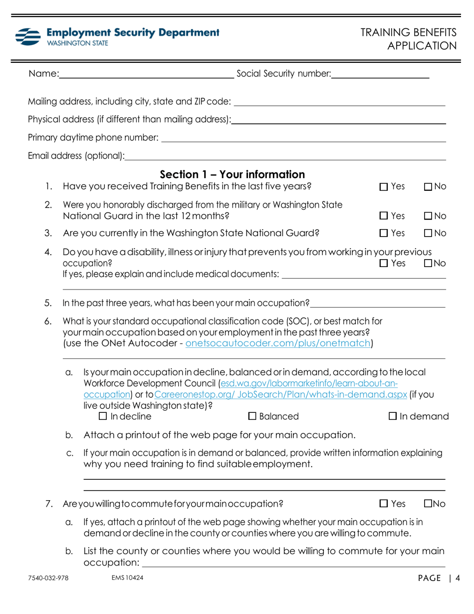 Form EMS10425 Training Benefits Application - Washington, Page 4