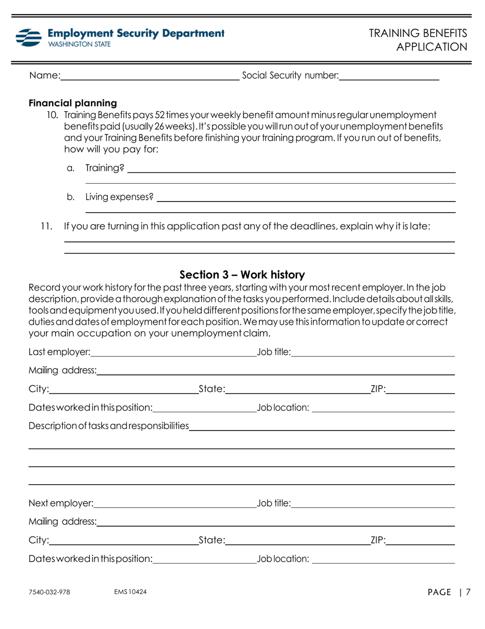 Form EMS10425 Training Benefits Application - Washington, Page 7