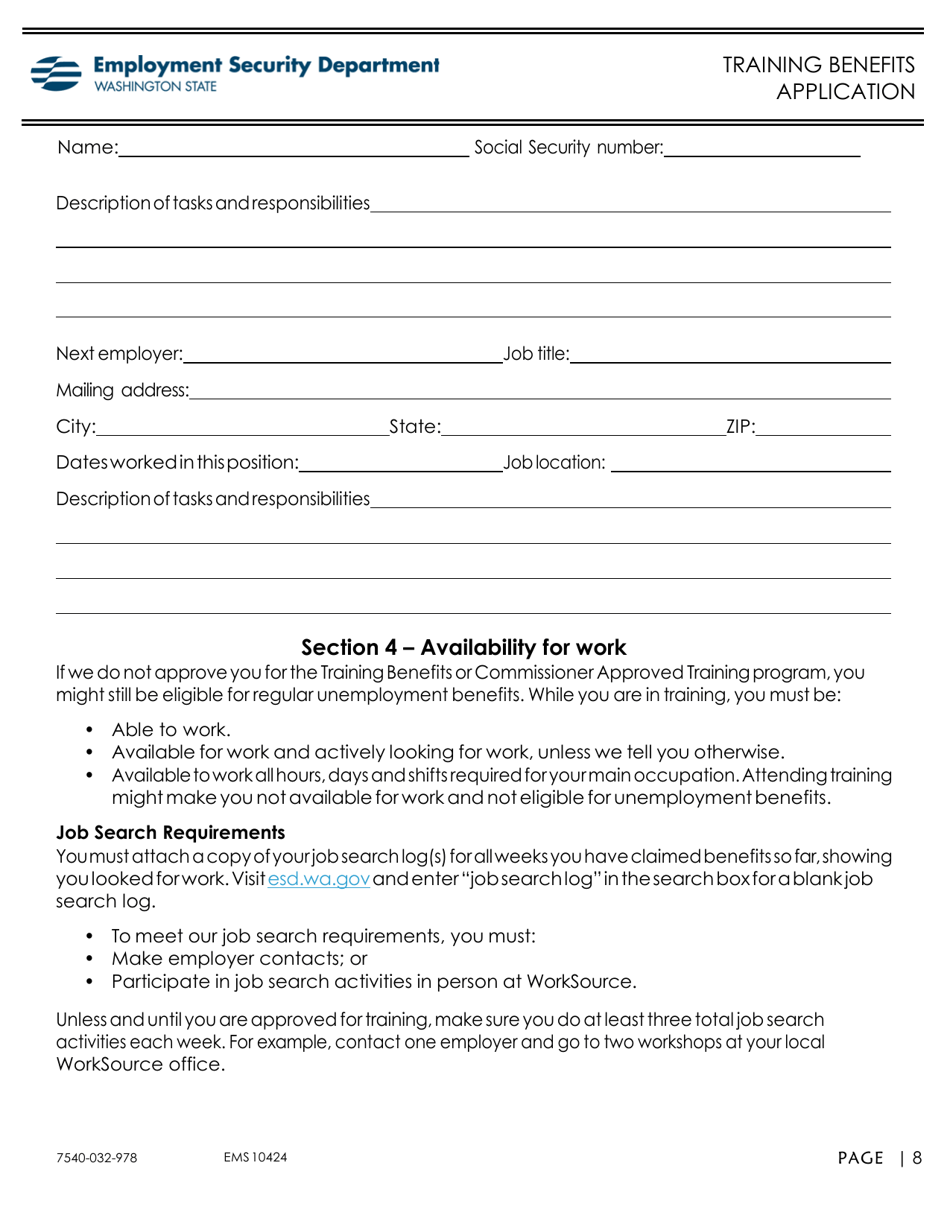 Form EMS10425 Training Benefits Application - Washington, Page 8