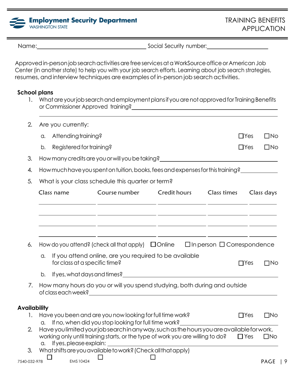 Form EMS10425 Training Benefits Application - Washington, Page 9