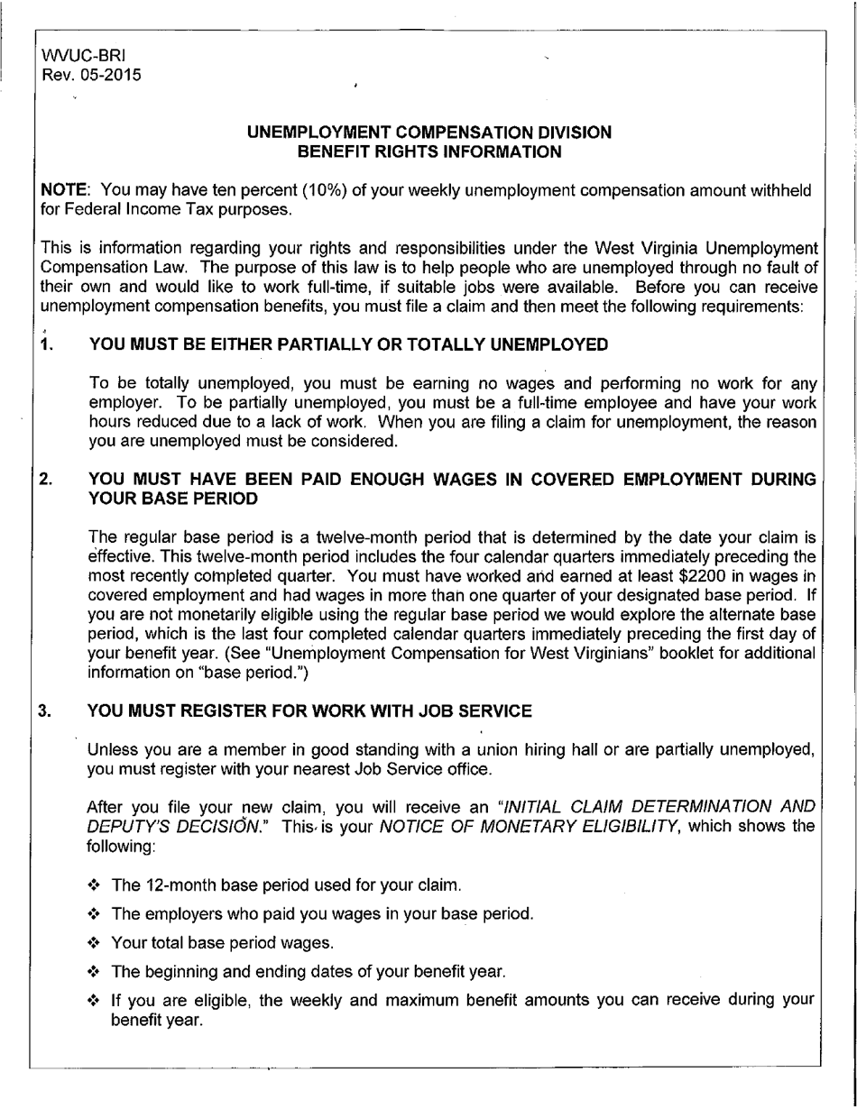 Benefit Rights Information - West Virginia, Page 1