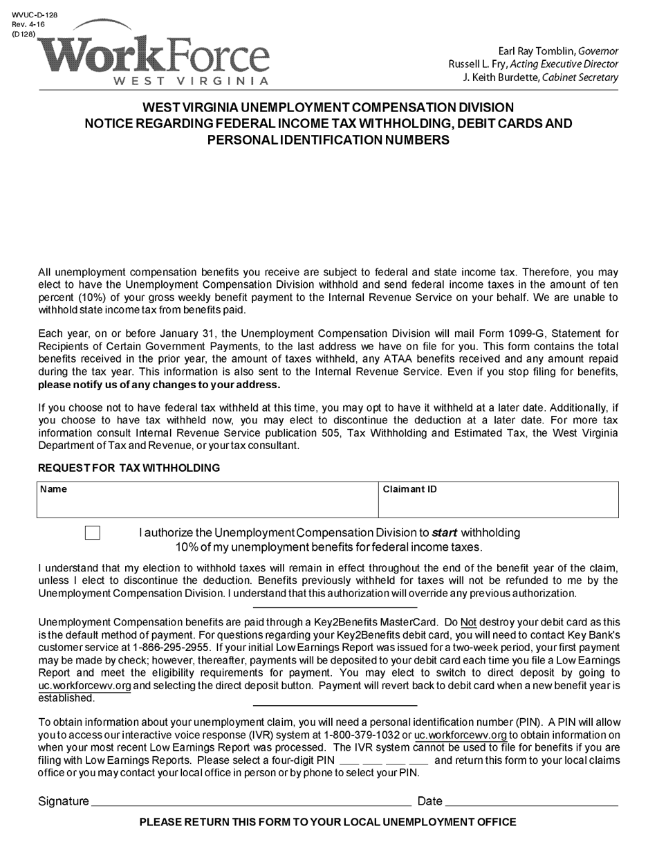 Form WVUC-D-128 Notice Regarding Federal Income Tax Withholding, Debit Cards and Personal Identification Numbers - West Virginia, Page 1