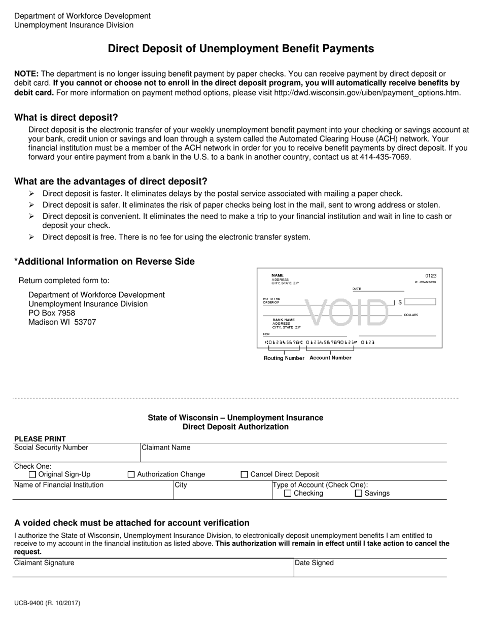 Form UCB-9400 Direct Deposit Authorization - Wisconsin, Page 1
